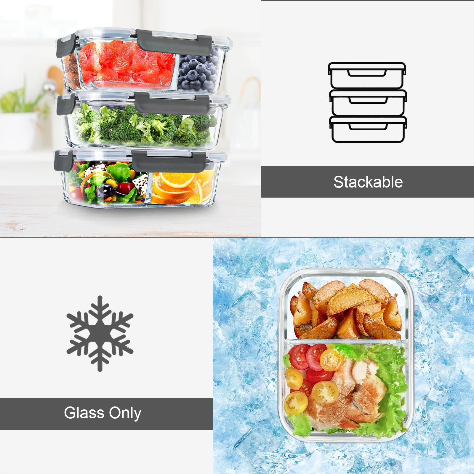 6 Pcs Glass Food Storage Containers with Lids, 1 & 2 & 3 Compartment Glass Airtight Meal Prep Containers (3 Containers & 3 Lids), Oven & Freezer Safe, Leak Proof - Grey