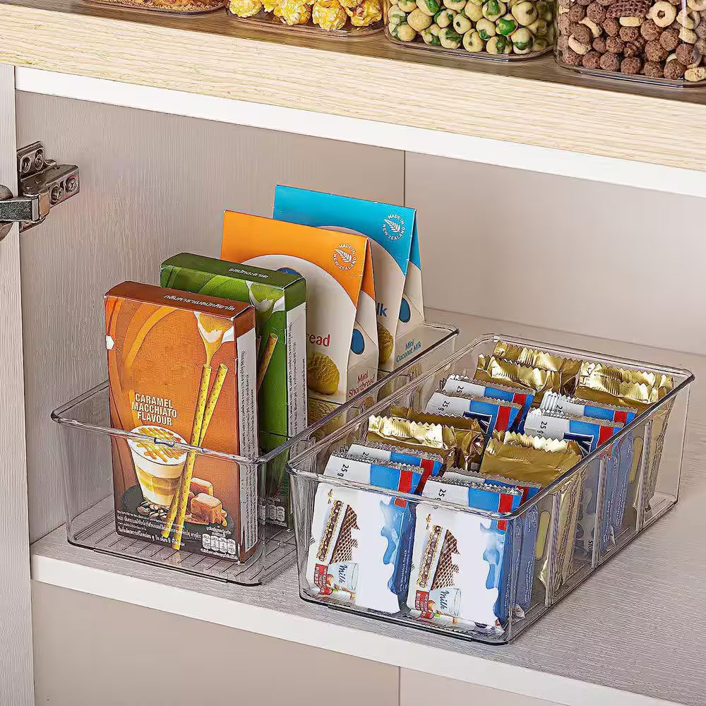 4-Piece Clear Plastic Food Storage Organizer Bins for Pantry Kitchen Fridge Cabinet Organization, 4 Compartment Holder