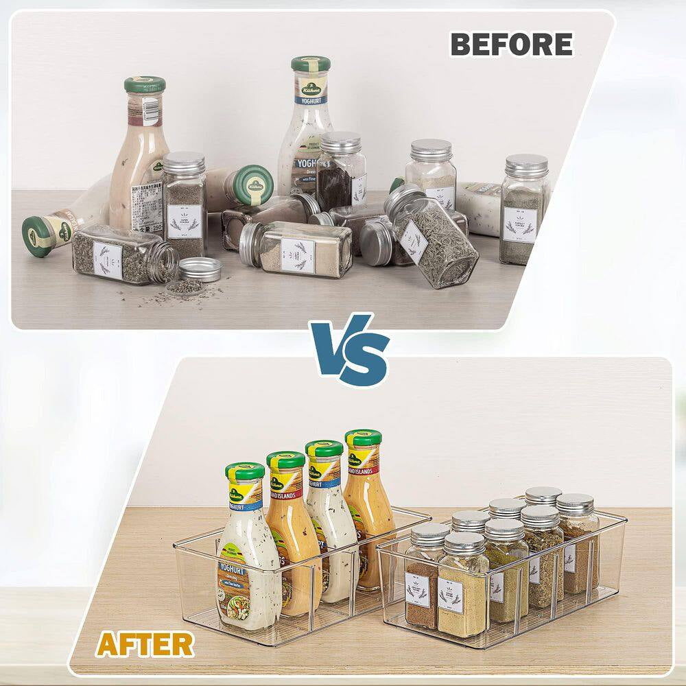 4-Piece Clear Plastic Food Storage Organizer Bins for Pantry Kitchen Fridge Cabinet Organization, 4 Compartment Holder