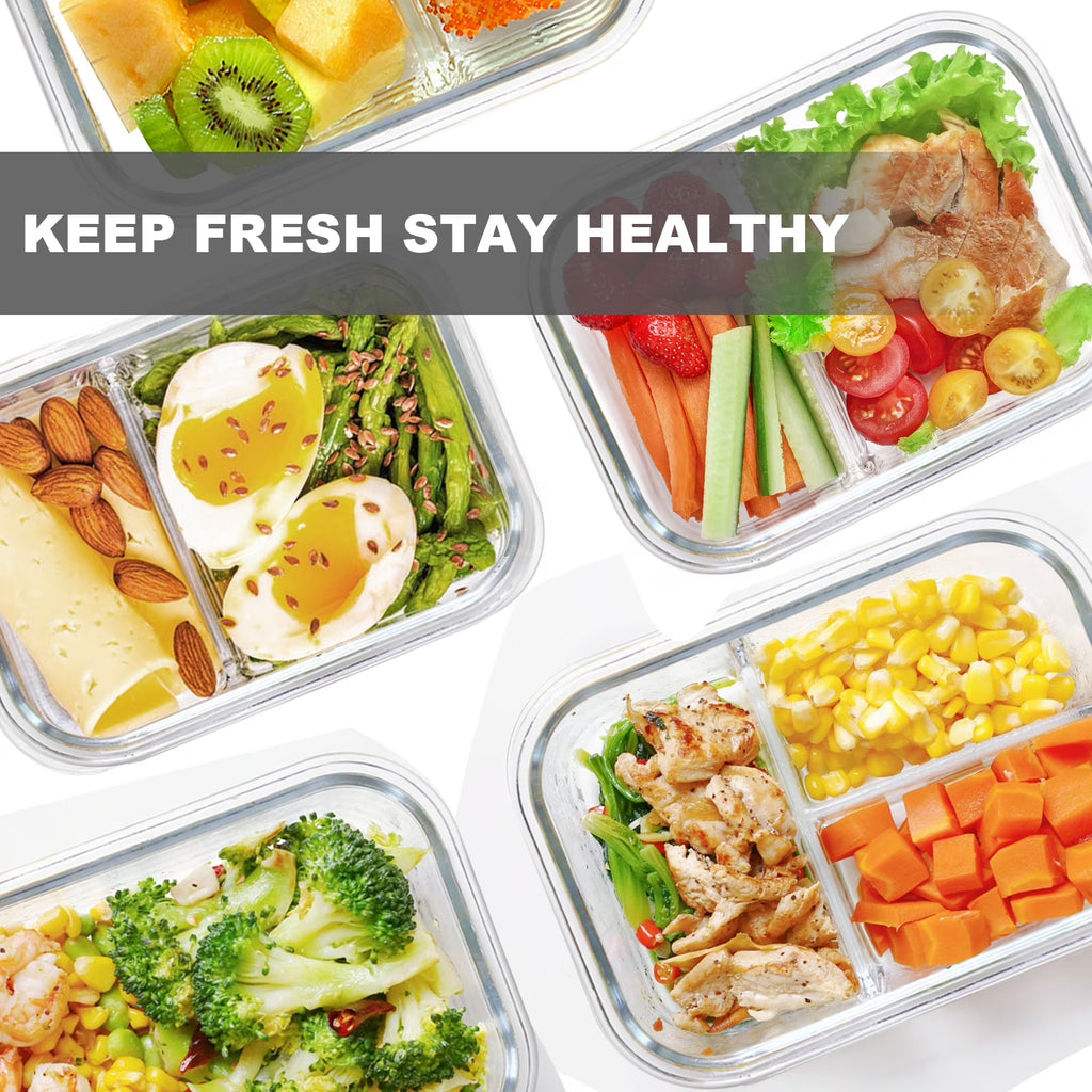 6 Pcs Glass Food Storage Containers with Lids, 1 & 2 & 3 Compartment Glass Airtight Meal Prep Containers (3 Containers & 3 Lids), Oven & Freezer Safe, Leak Proof - Grey