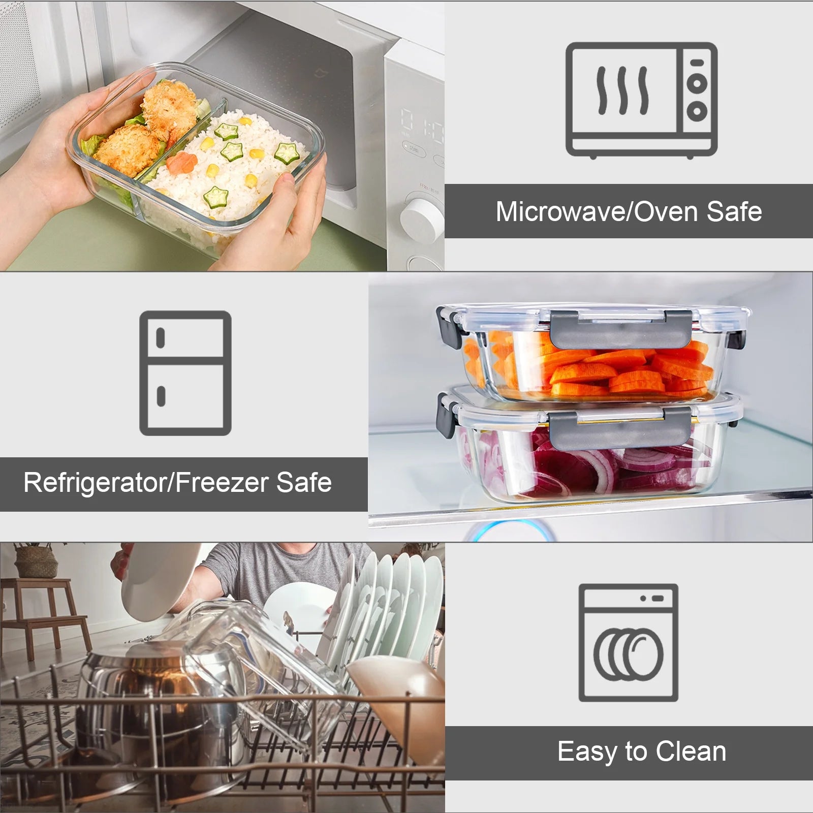 6 Pcs Glass Food Storage Containers with Lids, 1 & 2 & 3 Compartment Glass Airtight Meal Prep Containers (3 Containers & 3 Lids), Oven & Freezer Safe, Leak Proof - Grey