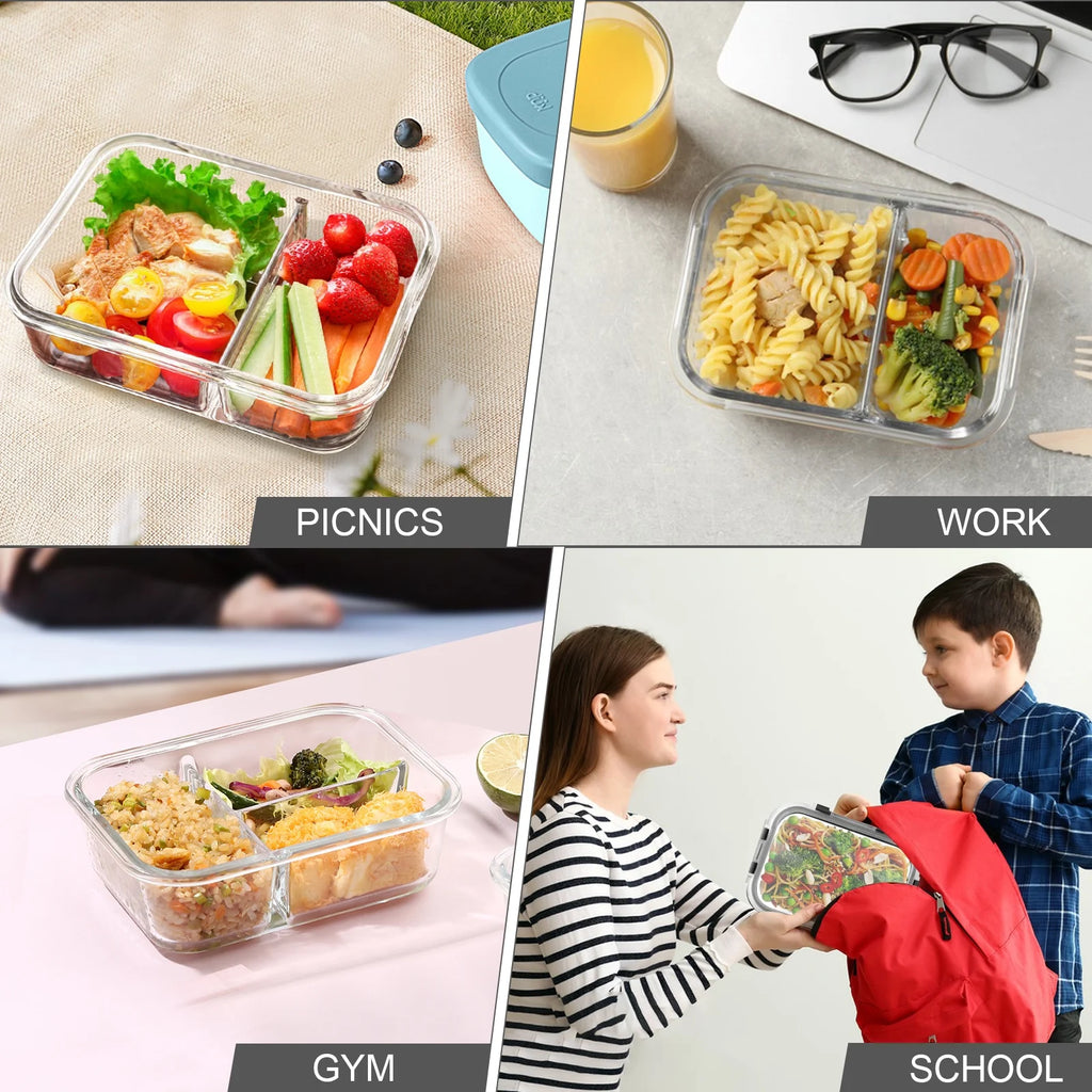 6 Pcs Glass Food Storage Containers with Lids, 1 & 2 & 3 Compartment Glass Airtight Meal Prep Containers (3 Containers & 3 Lids), Oven & Freezer Safe, Leak Proof - Grey