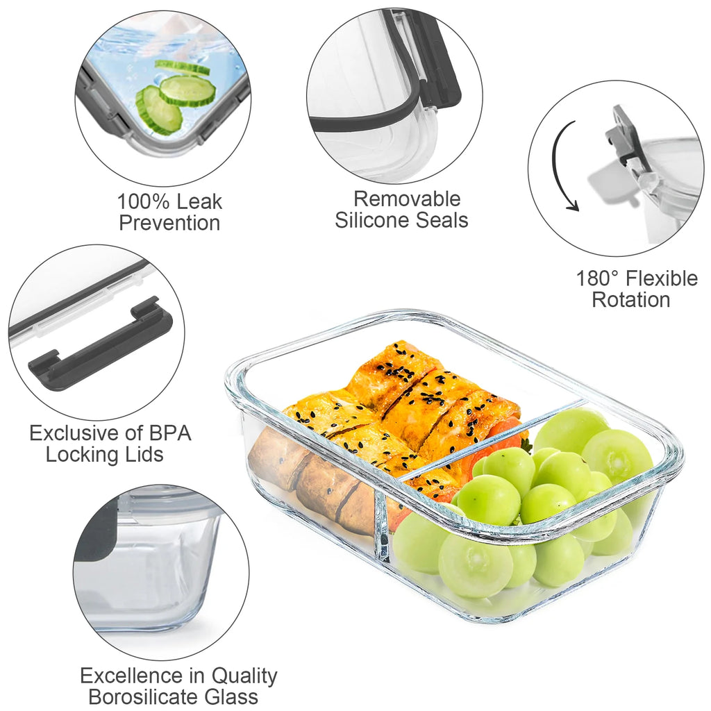 6 Pcs Glass Food Storage Containers with Lids, 1 & 2 & 3 Compartment Glass Airtight Meal Prep Containers (3 Containers & 3 Lids), Oven & Freezer Safe, Leak Proof - Grey