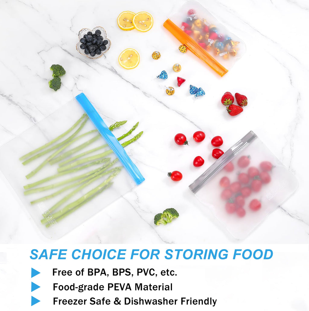 10 Pack Dishwasher Safe Reusable Freezer Bags, Leakproof Double Zipper Sandwich Bags,Silicone Food Storage Bags