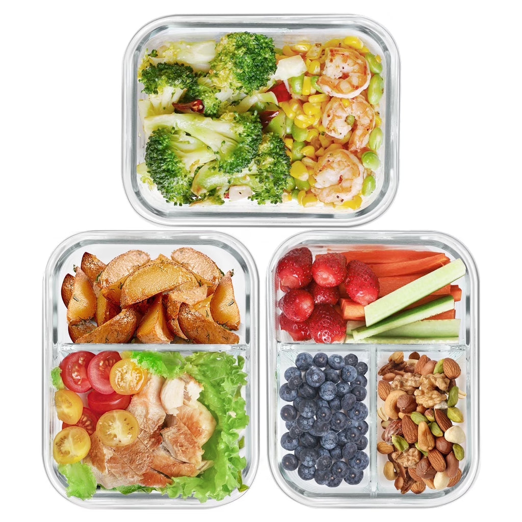 6 Pcs Glass Food Storage Containers with Lids, 1 & 2 & 3 Compartment Glass Airtight Meal Prep Containers (3 Containers & 3 Lids), Oven & Freezer Safe, Leak Proof - Grey