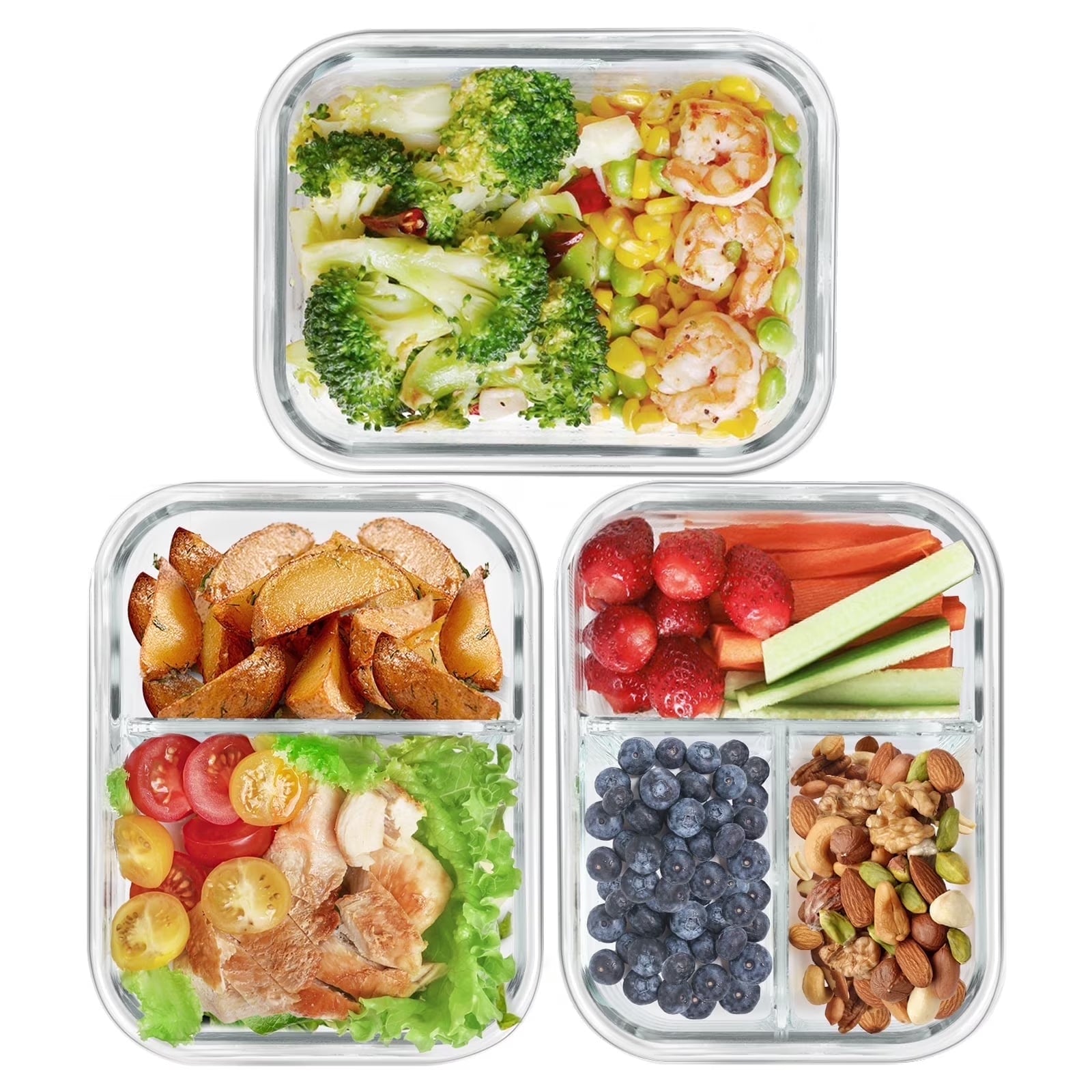 6 Pcs Glass Food Storage Containers with Lids, 1 & 2 & 3 Compartment Glass Airtight Meal Prep Containers (3 Containers & 3 Lids), Oven & Freezer Safe, Leak Proof - Grey