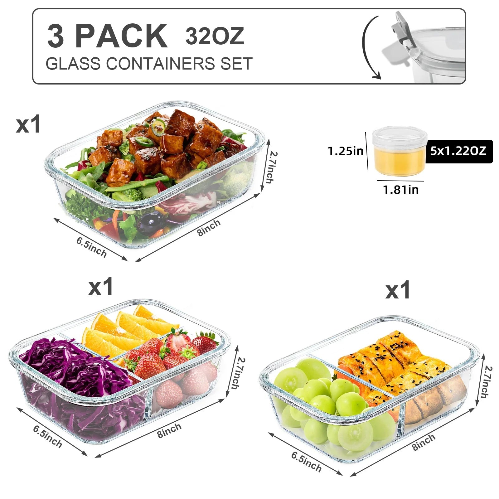 6 Pcs Glass Food Storage Containers with Lids, 1 & 2 & 3 Compartment Glass Airtight Meal Prep Containers (3 Containers & 3 Lids), Oven & Freezer Safe, Leak Proof - Grey