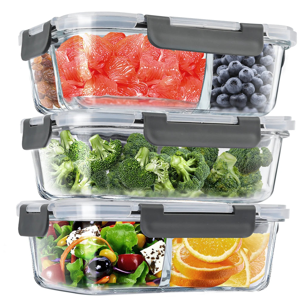 6 Pcs Glass Food Storage Containers with Lids, 1 & 2 & 3 Compartment Glass Airtight Meal Prep Containers (3 Containers & 3 Lids), Oven & Freezer Safe, Leak Proof - Grey